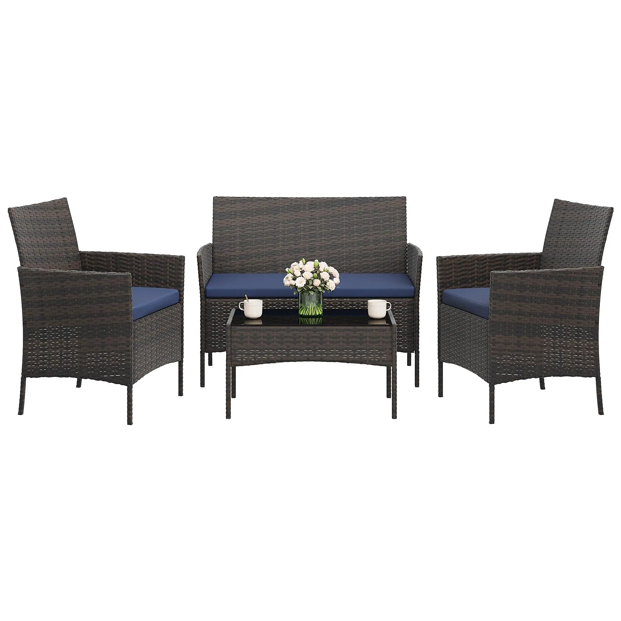 4-Piece Patio Furniture Set, Modern PE Rattan Conversation Set with 2 Chairs, Loveseat & Tempered Glass Coffee Table, All-Weather Outdoor Seating for Garden, Porch, Balcony, Poolside