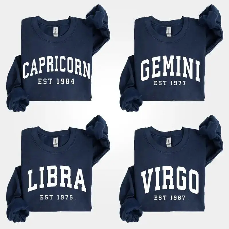 Women's Cotton Custom Zodiac Hoodie - Personalized Est Year Astrology Pullover, Unisex 3XL Crewneck Tops, Menswear Horoscope Birthday Gift, Celestial Sign Outfit 2025 (Leave A Note Option) Shirt Womenswear, Ansi/Isea 107 Compliant
