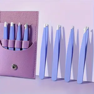 4pcs set Stainless Steel Tweezers for Eyebrow Hair Facial Hair Removal, Splinter, Blackhead Slant Tip Angle Tip Pointed Tip Double-Ended Makeup Brush Kit Professional Eyelash Extension Tool Kit Detailing Eyeshadow Brush Multifunctional  Makeup Aid Tool