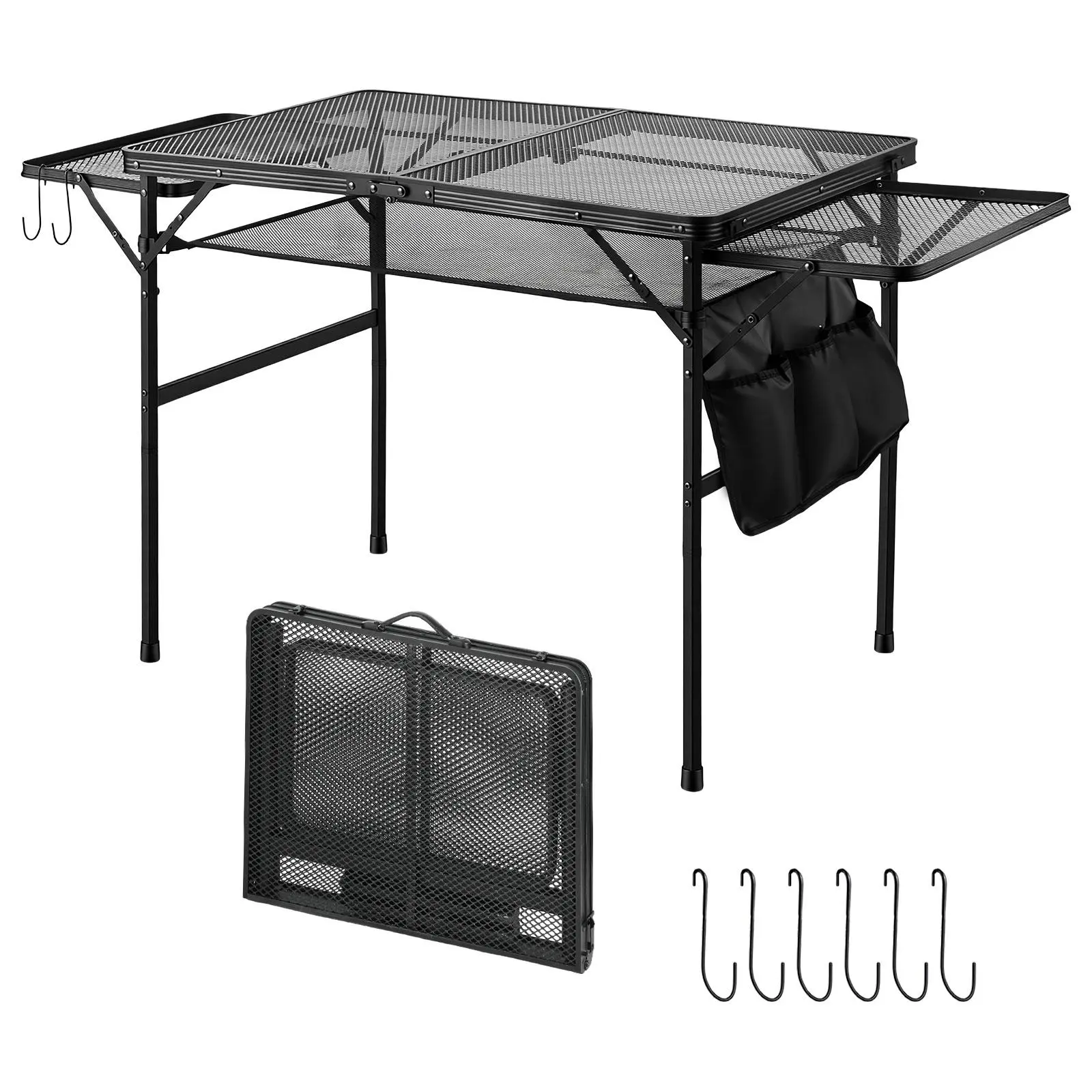 【toolupgrade】VEVOR Folding Grill Table with 2 Wing Panel 36x24in Camping Station 120lbs, for Picnic BBQ Tailgating, Adjustable Height, 2 Tier Outdoor Aluminum Side Stand with Side Pocket, Mesh Net, Portable Handle