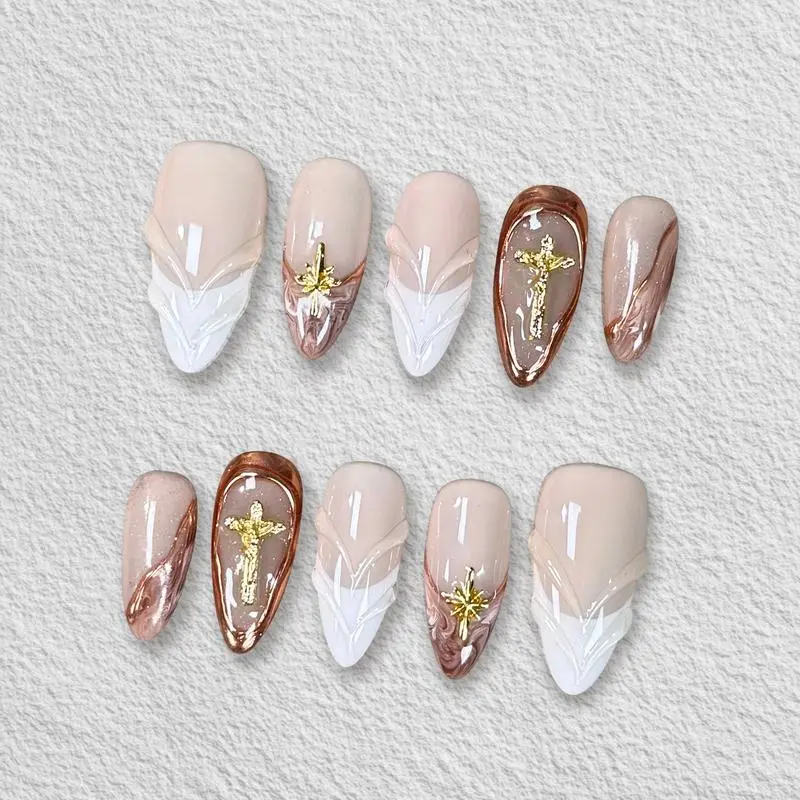 Beige Oval Press-On Nails, Handmade Reusable Soft Gel Set for Beauty & Personal Care Nail Art Decoration