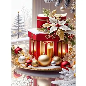 1PC  Diamond Painting Christmas Lantern Diamond Painting Kit, Festive Red Lantern with Gold Holly Ornaments Design, DIY Full Drill Crystal Art for Home Wall Decor Holiday Craft Gift