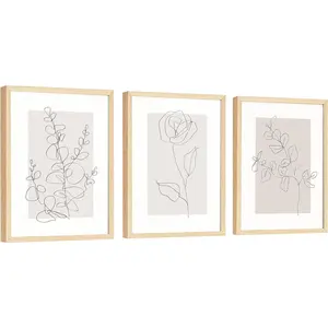 Beige Botanical Wall Art - 12x16 Abstract Line Art Wall Decor, Neutral Vintage Prints, Black And White Minimalist Flower Pictures for Bedroom, Living Room (UNFRAMED)