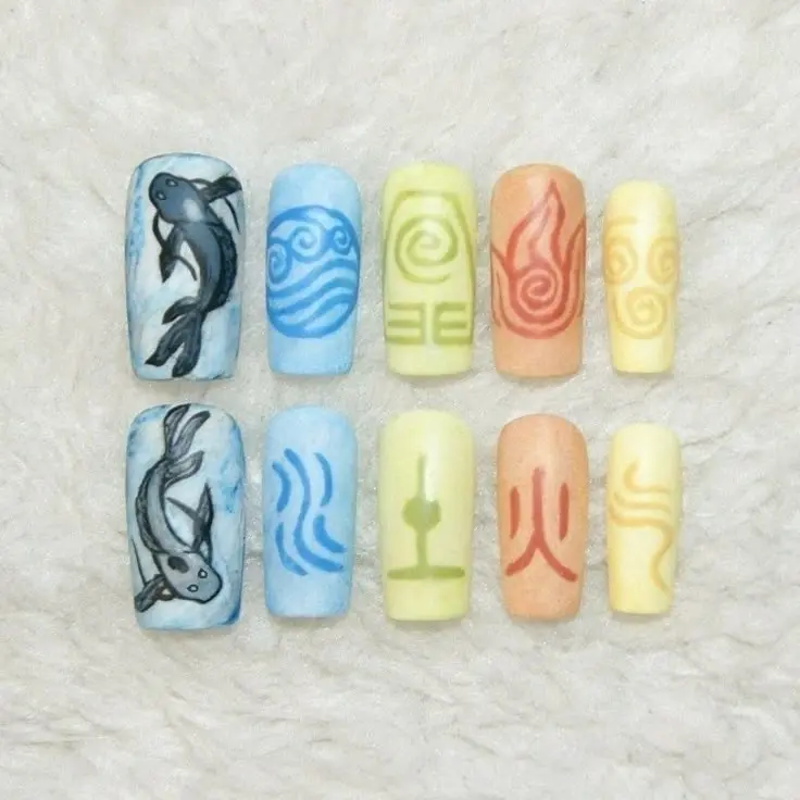 VAvataran Inspired Press On Nails, Four Elements Nail Art, Tui & La Water Tribe Nails, Handmade Anime Fake Nails | Free Adhesive Tabs Nail File Cuticle Stick