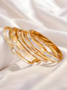 5pcs exquisite stainless steel bracelet set, rhinestone decoration, 18K gold plating, fashionable style, suitable for couples, families, daily wear, Gold Plated Bracelet