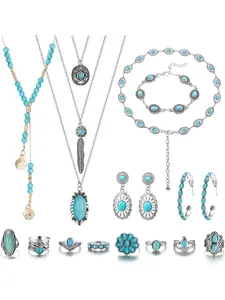 16 Pcs Colorful Natural Bohemian Turquoise Jewelry Set for Women Men Classic Style Durable Alloy Complete Jewelry Collection Adjustable Belt Rings Stylish Necklaces Vintage Drop Earrings Delicate Bracelets Elegant Natural Turquoise Retro Bohemian Vibe