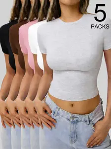 Women's 5-Pack Short Sleeve Slim Crop Tops. Buttery Soft Stretchy Fabric, Crew Neck Bodycon Cropped Basic Layering Tees, Versatile Casual Daily Outfit, Black White Grey Pink Coffee 5-Piece Sets