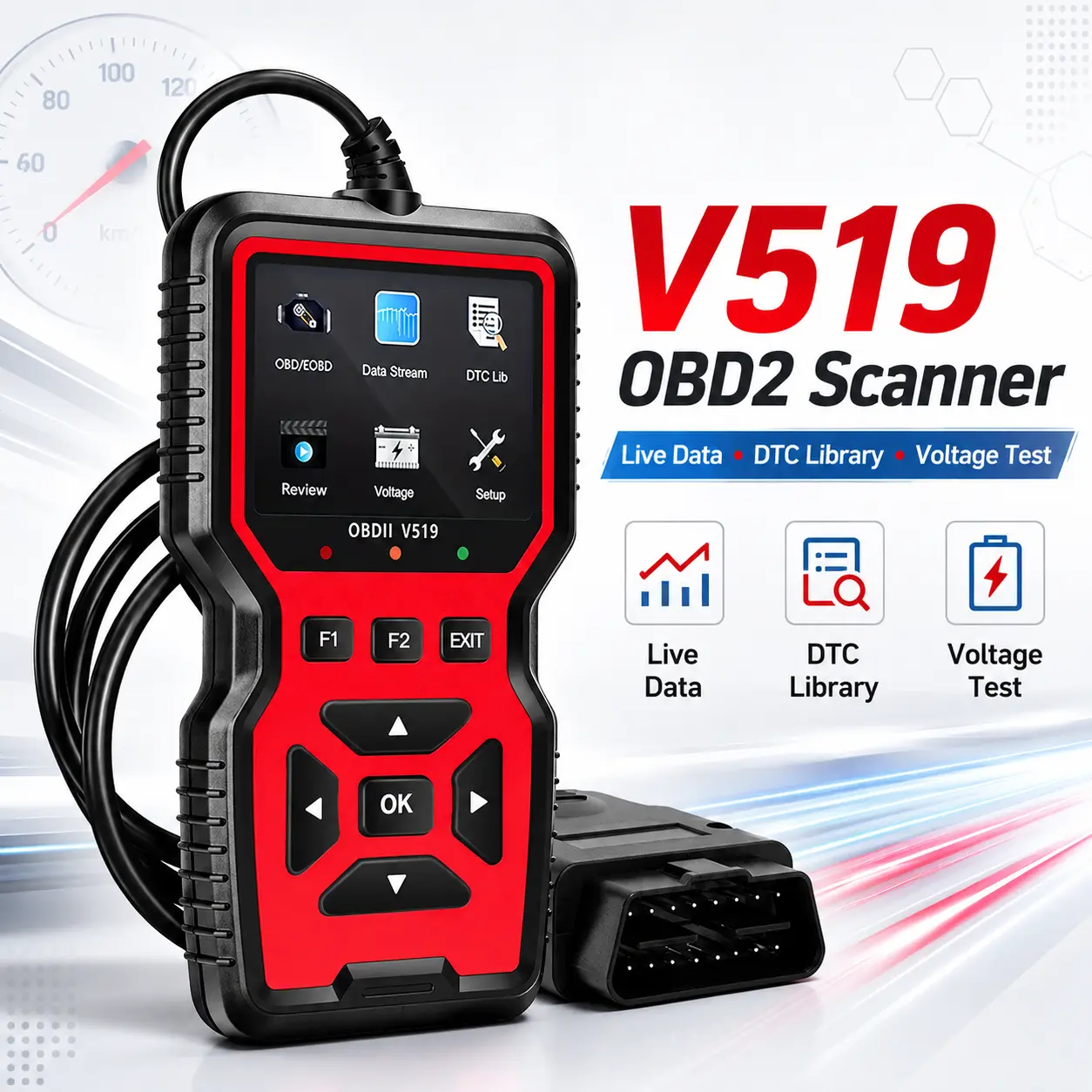V519 OBD2 Scanner Code Reader, automotive engine diagnostic tool with code reading and clearing, live data, DTC library, review function, and battery voltage test