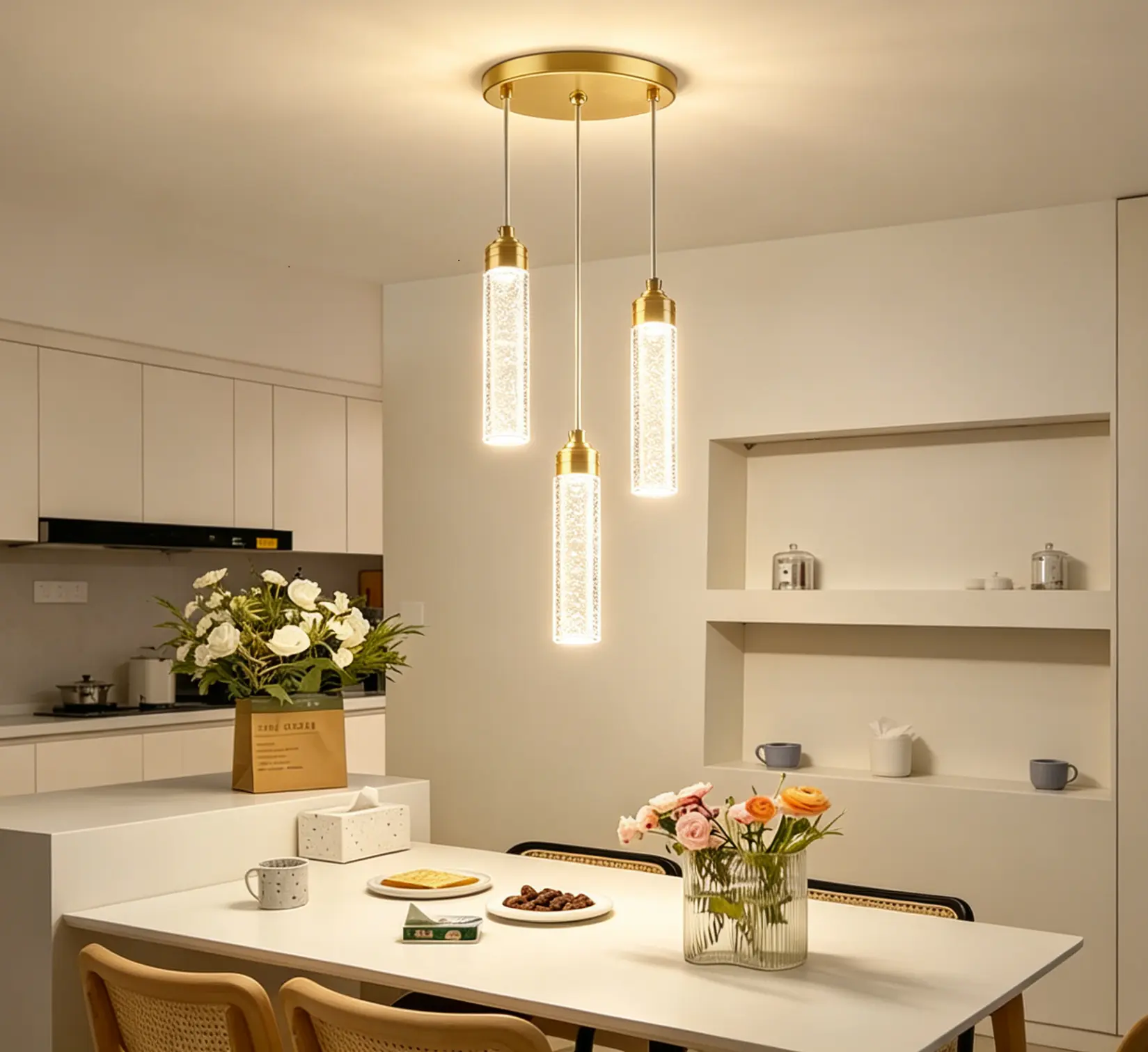 3 Lights Brushed Gold Bubble Textured Acrylic Pendant Light, 3000K-6500K Dimmable Adjustable LED Hanging Ceiling Fixture for Kitchen Island, Dining Room, Bathroom and Foyer