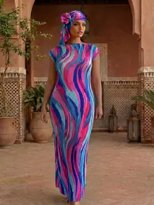 Women's Elegant Gorgeous Striped Beachwear Robe Set, Beach Cover Up, Beach Coverups, Summer Cover-Up, Multicolor Shawl Moomoo Dress + Long Headscarf Hairband, Beach Sun Protection Satin Scarf