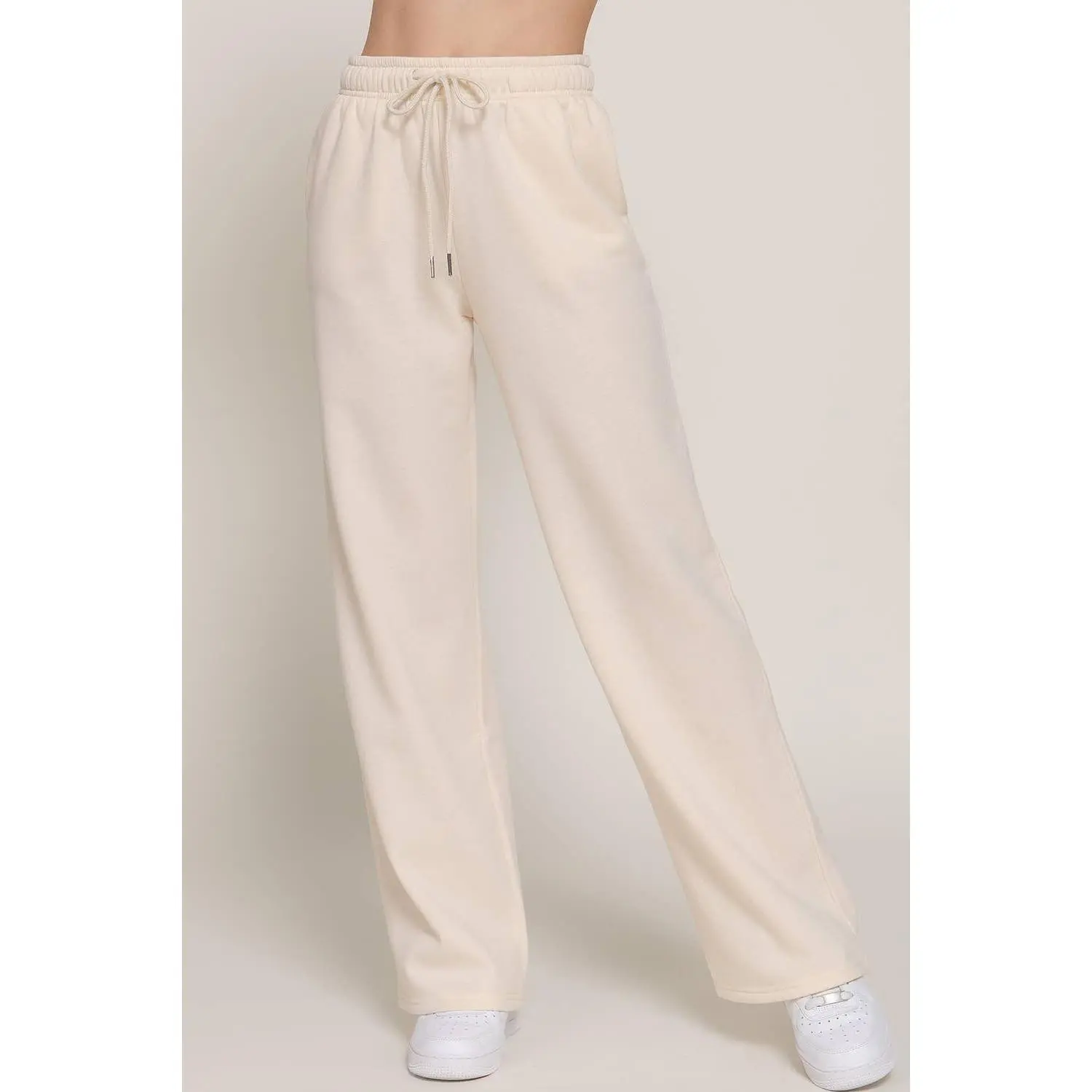 Beige Straight Leg Fleece Jogger Pants