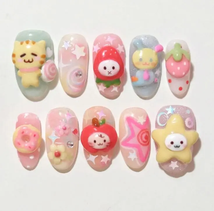 Handmade Cutecore Kawaii Press On Nails | 3D Animal Fruit Dessert Pastel Almond Fake Nails with FREE Adhesive Tabs FREE Nail File FREE Cuticle Stick