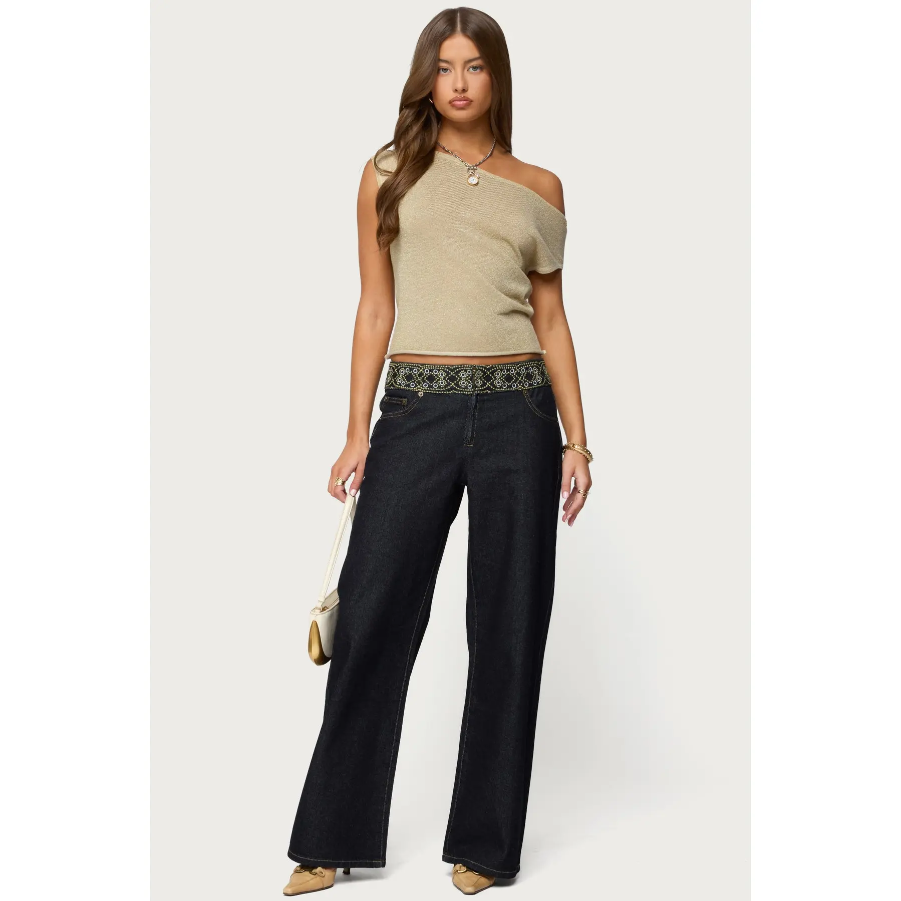 Carlie Embroidered Low Rise Wide Leg Jeans