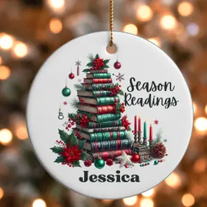 Personalized Book Lover Ornament - Season Readings Christmas Gift Ceramic Tree Glossy Circle Decoration Customizable Name
