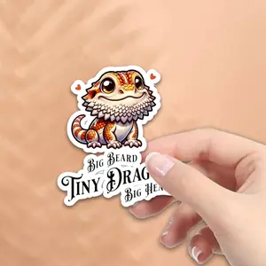 2D Flat, Bearded Dragon Stickers - "Big Beard, Big Heart" Vinyl Stickers with Cute Lizard Design, Perfect for Car or Home Decor, Dragon Decoration