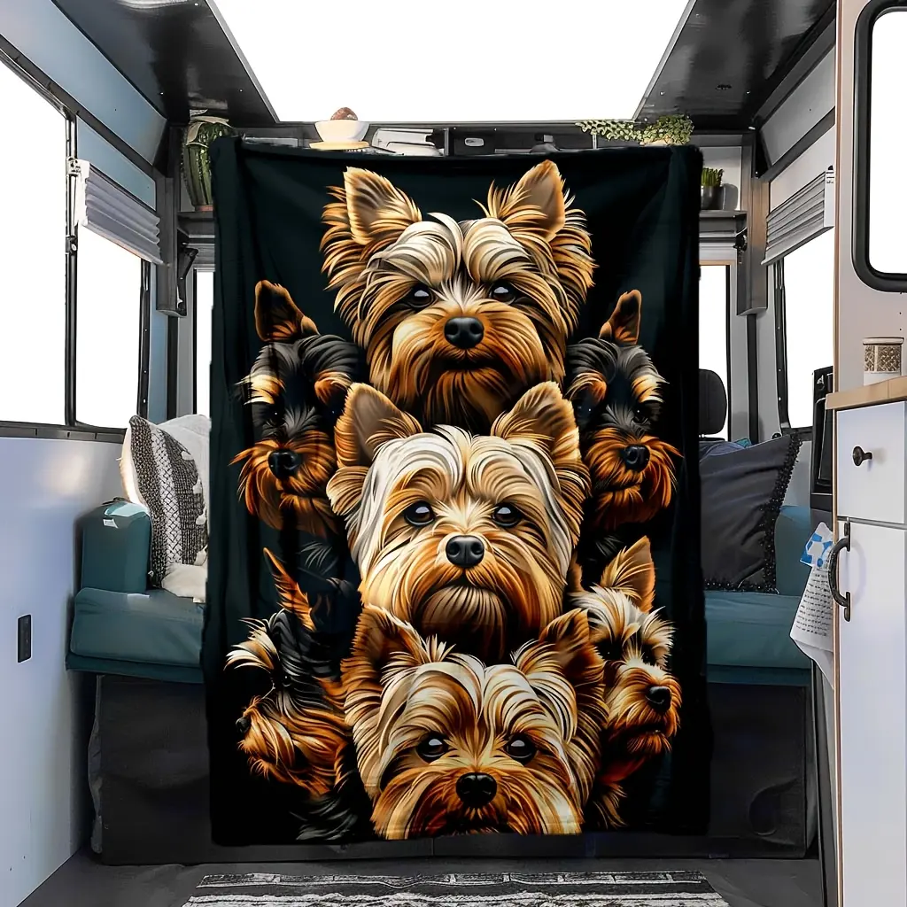 Yorkshire Terrier Digital Print Flannel Car Nap Blanket - Soft, Breathable, Durable, Machine-Washable, Contemporary, All-Season Multicolor Polyester Pet Shawl, Car Interior Accessories
