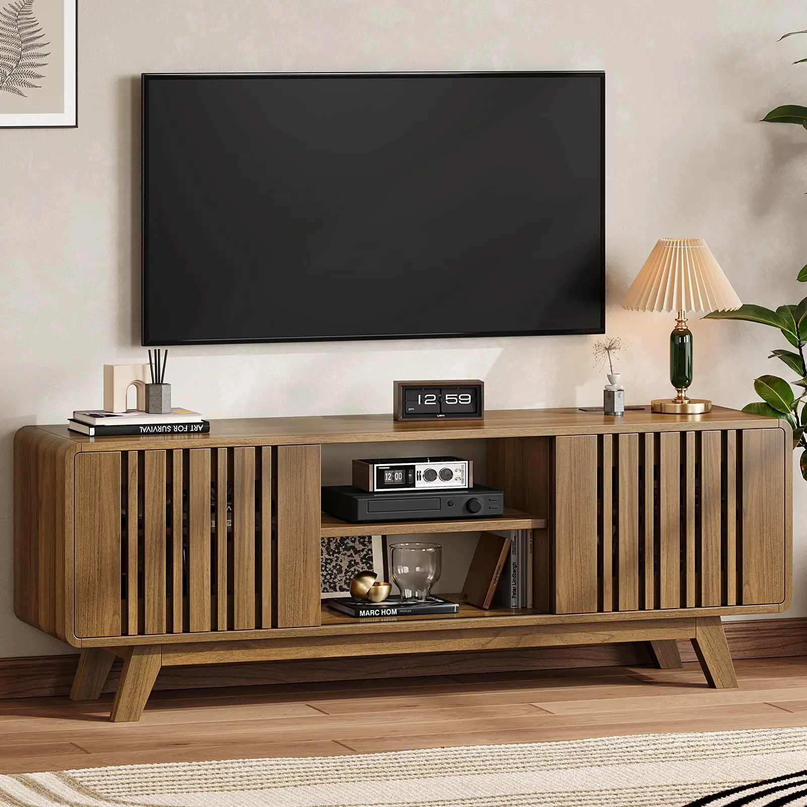 【SummerFinds】ONBRILL 63"/70" TV Stand (Fits TVs Up to 80 Inches) - Mid-Century Modern Entertainment Center with Power Outlet, Sliding Grille Door Cabinets, Open Shelves, Living Room Indoor Furniture, Entertainment Tv Stand