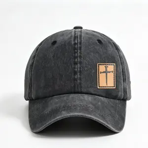 Washed Black Streetwear Cross Leather Patch Cap
