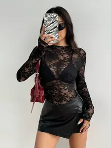 Lace Transparent Slim Fit Top, Long Sleeve Bodycon Design, Party/date, Stylish Chic Women's Clothing