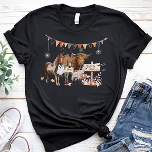 Katie Van Slyke Mini Halloween T-Shirt Unisex Heavy Cotton Tee with Mini Farm Animals Design Classic Fit Crew Neckline Ethical US Cotton Gildan Oeko-Tex Certified