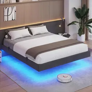 Sikaic Floating Linen Upholstered Platform Bed Frame Dark Grey RGB LED Lights Modern Design Stable Frame Full Queen King Sizes