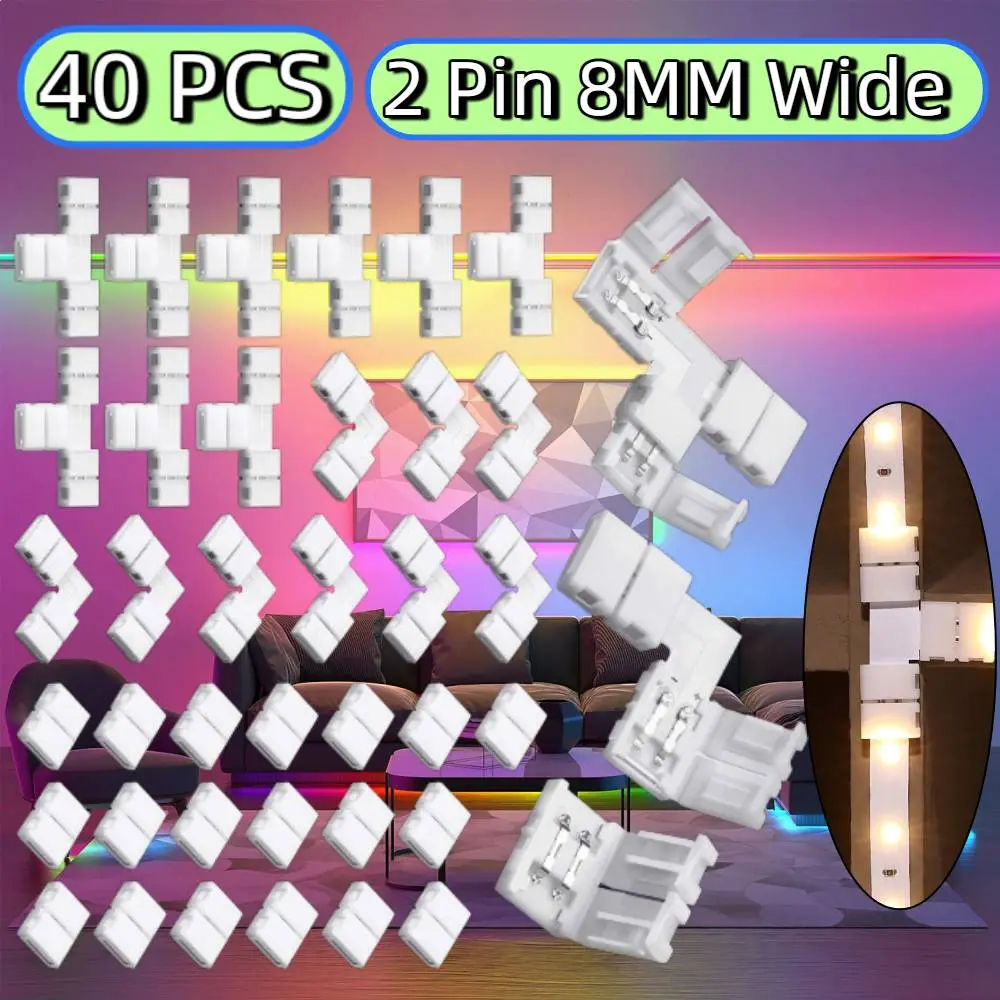 40PCS 8 mm 2 Pin LED Strip Connectors Lights Connector T Shape L Shape Gapless Solderless LED Adapter Light Extension for 3528 2835 RGB Strip
