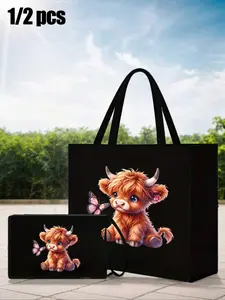 Highland Cow, Black Linen Handbag, Cow Print Bag, Butterfly Design Bag, Including A Black Cartoon Cow With Big Eyes And Butterfly Pattern Handbag And A Small Bag/Coin Purse, Storage Bag, Gift Bags For Women, Mothers, Friends