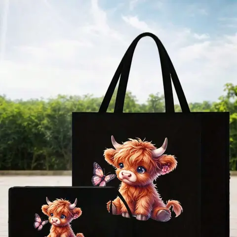 Highland Cow, Black Linen Handbag,Including A Black Cute Cartoon Cow With Big Eyes And A Butterfly Pattern Handbag And A Small Bag/Coin Purse,Storage Bag,Personalized Gift Bags Is Gift For Women,Mothers,Friends,Bridesmaids,Students And Returning To School