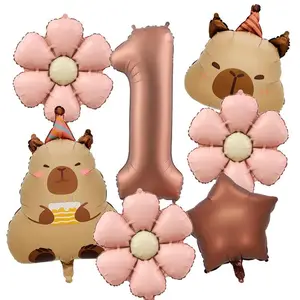 7pcs Retro Caramel Color Balloons Set Capybara Aluminum Foil Balloon Digital 0-9  Aluminum Film Ballons Birthday Party Supply