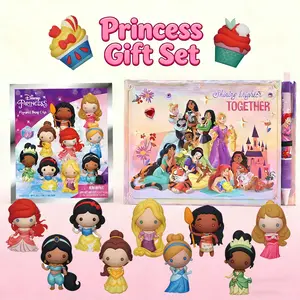 1 Set Disney Officially Licensed Princess Gift Set Blind Bag Keychain Mystery Figure with Notebook and Pen Set Collectible Gift for Birthday and Holiday