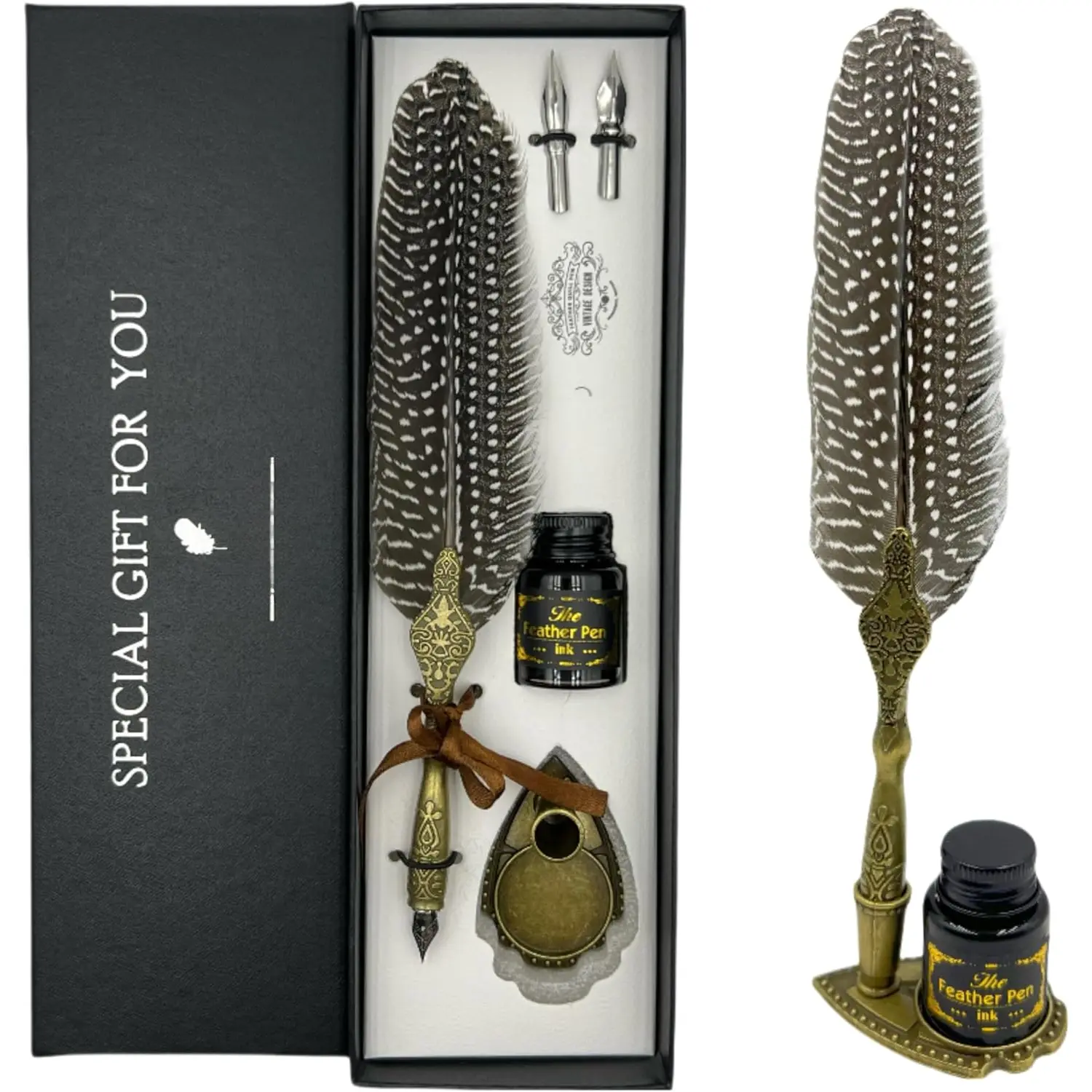 Pen and Ink Set, Classic Series Pheasant Quill Pen with Carving Pen Stand, Calligraphy Pen Nibs, Black Dip Pen Ink, Antique Writing  for Writer