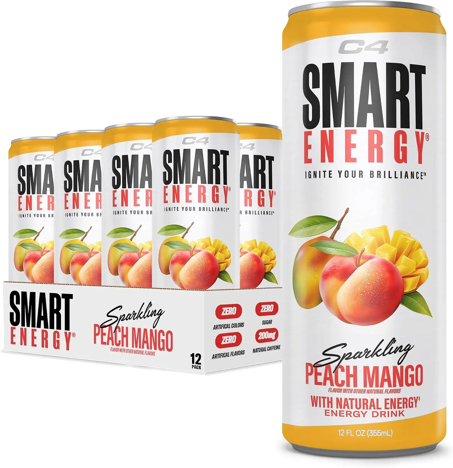 C4 Smart Energy Drink‚ Boost Focus and Energy with Zero Sugar, Natural Energy, and Nootropics - 200mg Caffeine - Peach Mango (12oz Pack of 12)