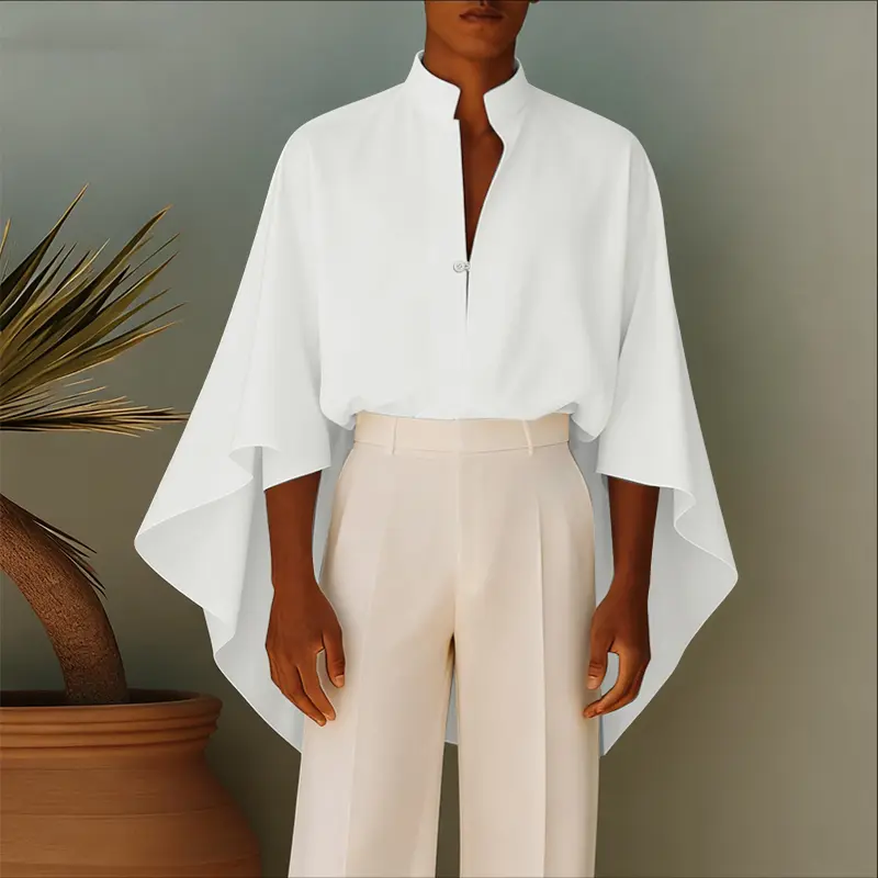 INCERUN Men's Fashion Loose Casual Shirt - Chic, Minimalist Menswear Top with Stand Collar, Deep V Neck, Single Button, Cape Sleeves, Flowing Fabric, Plain Aesthetics for Casual Holiday, Evening Wear (Spring Summer Autumn), Casual Shirts