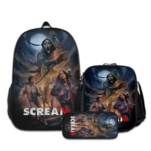 3PCS Backpacks for Girls Set, Cute Scream-5 School Backpack for Boys with Lunch Box and Pencil Case, Aesthetic Bookbag for Teens, Lightweight Classic Backpack for Travel, Work, Picnic