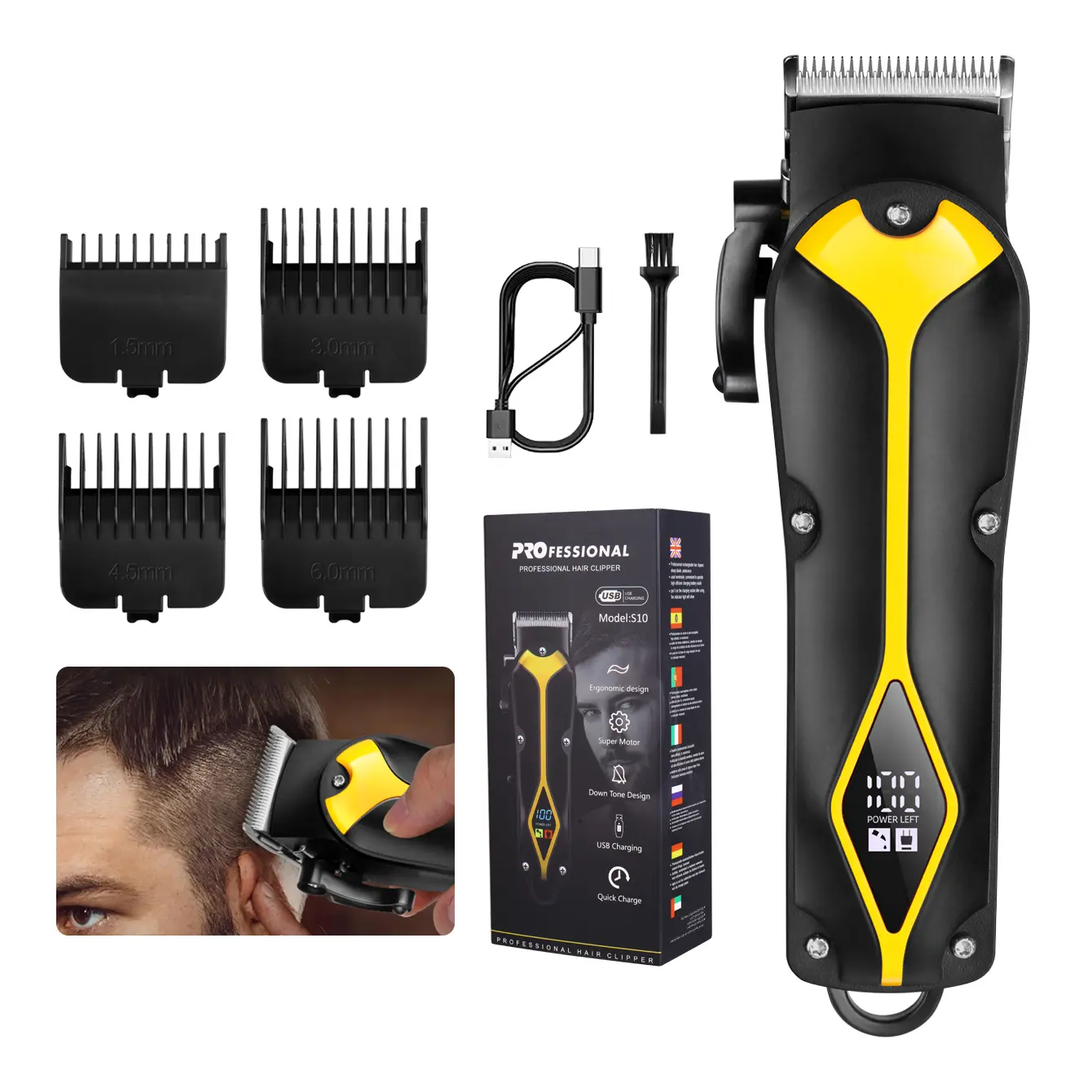 Professional S10 Cordless Hair Clipper for Men - Fast USB Charging, Digital LED Screen, Ergonomic Design, Super Motor, Low Noise, Suitable for Facial Beard & Body Trimming