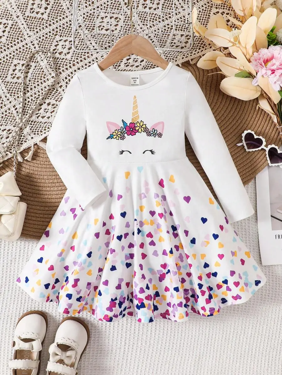Young Girl Knitted Unicorn Colorful Heart Pattern White Dress, Fall(9), Winter(2) Girls Unicorn Dresskids Unicorn CuteWoven Dress