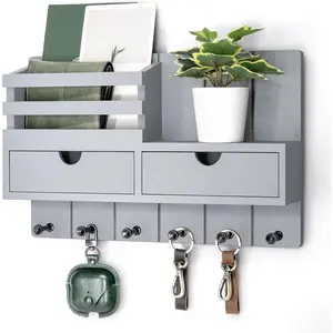 Rebee Vision Decorative Key Holder Wall Mount for Aesthetic Room Decor - Stylish Mail Holder for Wall with 2 Drawer Organizer and 6 Key Hooks - Modern Apartment Essentials (Gray)