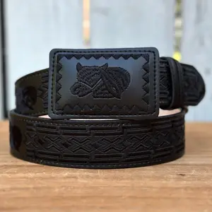 Black “Bull” Embroidered Belt with Rectangular Buckle - Men’s Western Belts