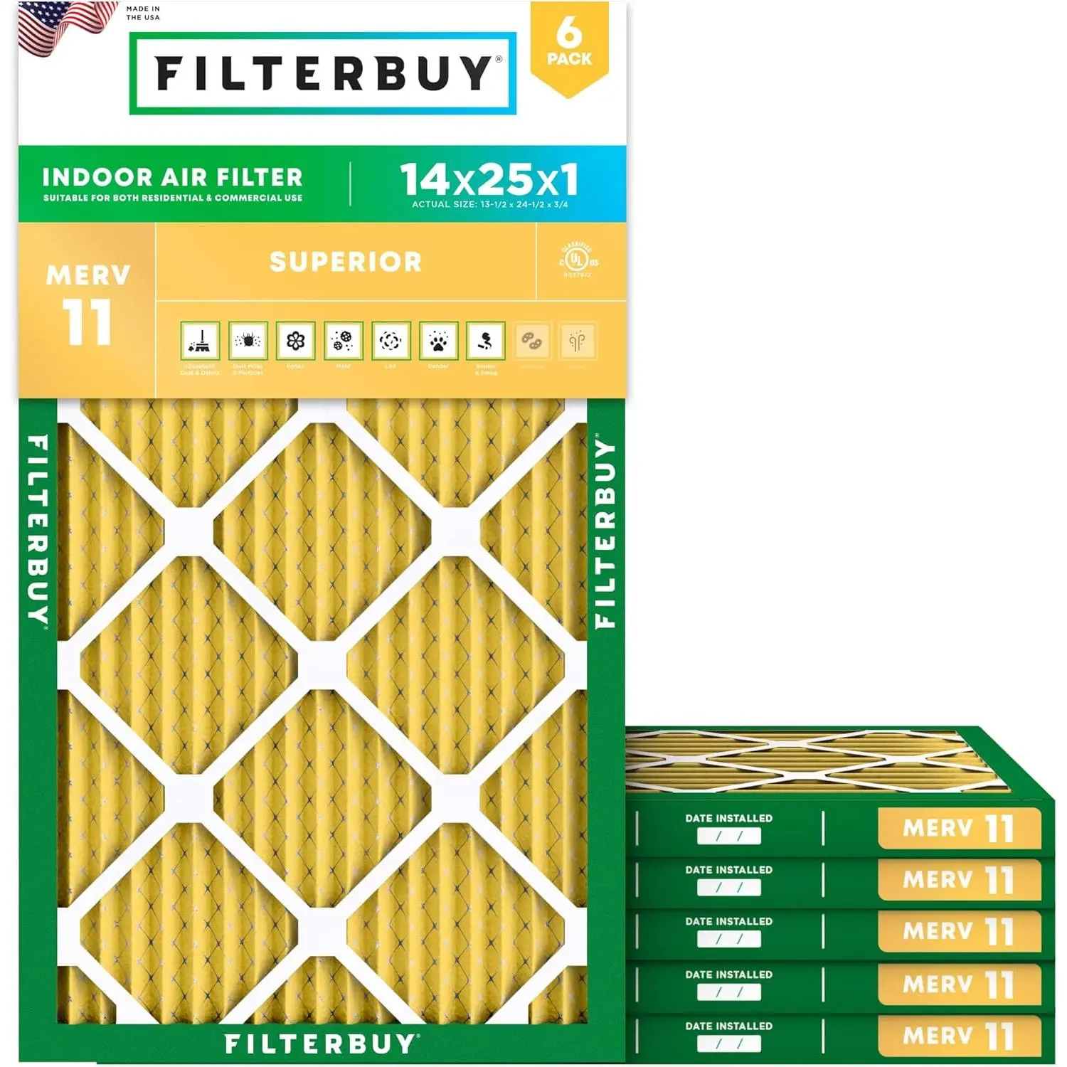 Filterbuy 14x25x1 In HVAC AC Furnace Air Filter (6-Pack) - Pleated MERV 11 Allergen Defense Home Accessory (Actual Size: 13.50x24.50x0.75 In)