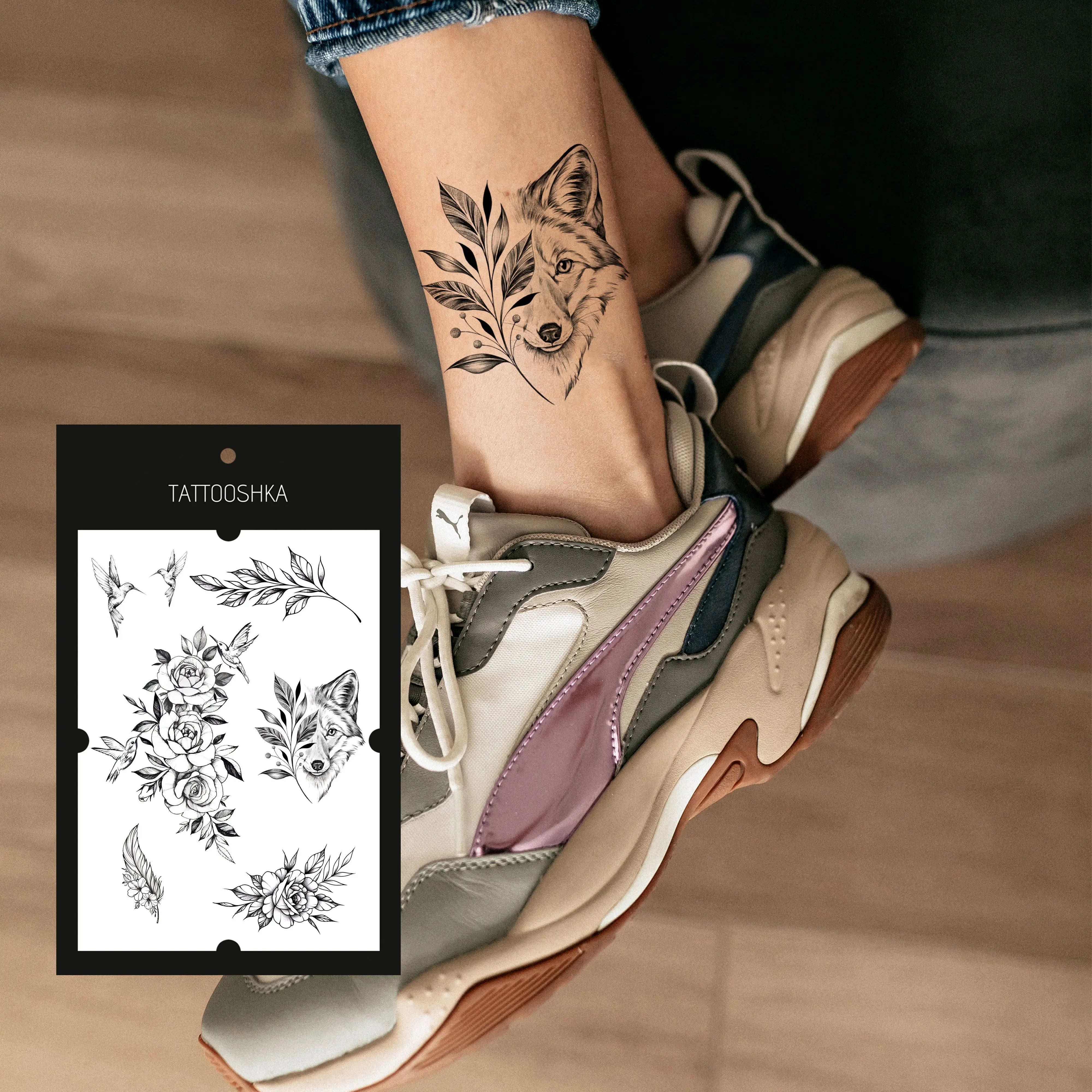 Flower and fox (LB-127). Temporary tattoos. Party tattoos. Kids tattoos. Custom design. Tattoo sets. Ukrainian. Realistic. Waterproof