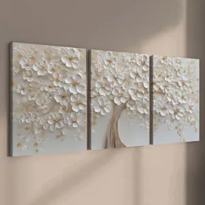 3-Pack Wooden Frame Canvas Art, Luxury Gold Branch Flower Tree Poster, Modern Living Room Decor, Waterproof, Gift Idea