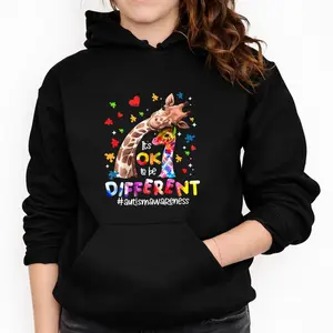 Autism Awareness Casual Hoodie for Women – Giraffe & Hearts Puzzle Piece Print, Loose Fit Long Sleeve