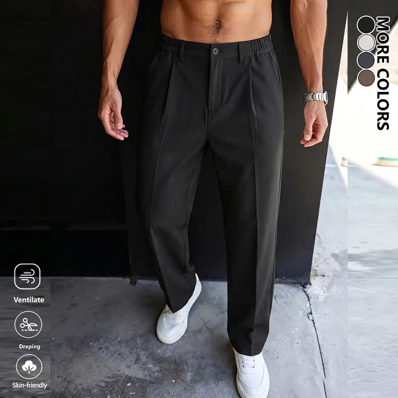 Clean Gent men’s spring/autumn casual straight-leg pants—stylish, minimalist long trousers with a smooth drape. Comfortable and fashionable, made from skin-friendly, breathable, soft fabric with slight stretch and an elastic waistband with button closure.