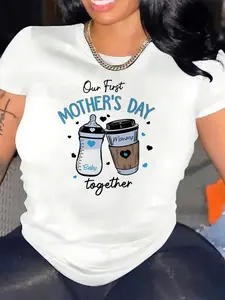 Ladies T-shirt| Milk Bottle Coffee Cup Print, Spring and Summer Trend, Crew Neck, Slight Stretch, Geometric Pattern, Casual Style, Suitable for All Seasons, Birthday, Holiday, Casual and Everyday Wear