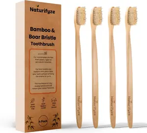 Boar Bristle & Bamboo Toothbrush (4 Pack) - Authentic Boar Bristles - Biodegradable - Plastic Free - Bamboo & Boar Bristle