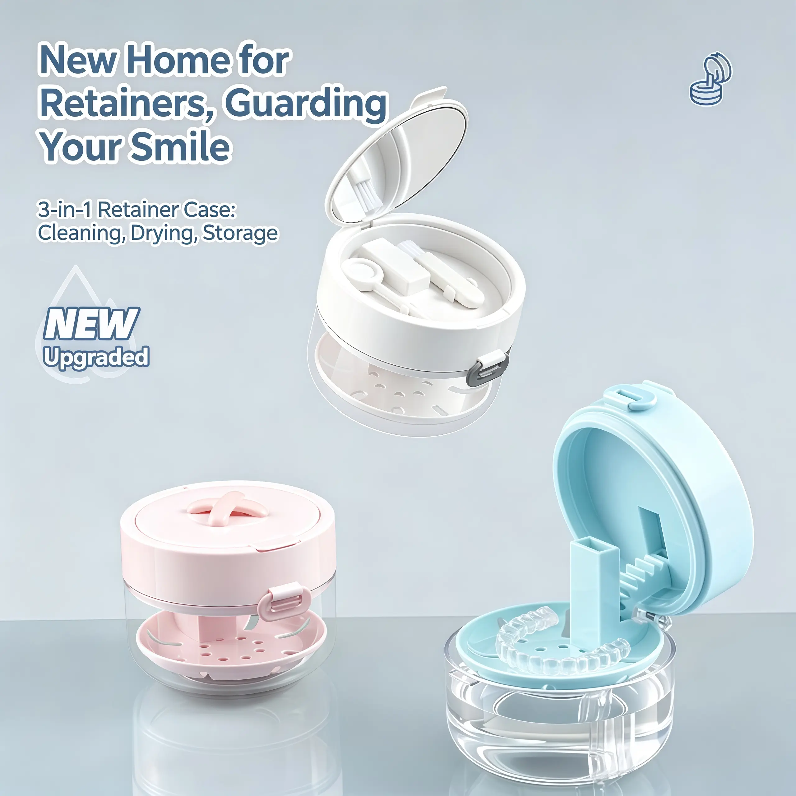 3-in-1 Denture Cleaning Kit—featuring a soaking and storage container with a drainage tray, perfect for on-the-go cleaning, and including a mirror and a brush—it’s both a daily essential and a great gift