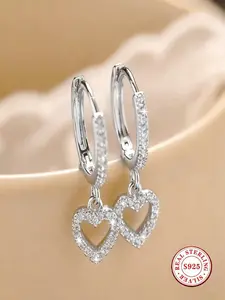 S925 Sterling Silver CZ Heart Dangle Huggie Earrings, Hypoallergenic Small Hoop Drop Earrings for Sensitive Ears, Open Heart Cubic Zirconia Earrings for Women, Heart Shaped Earrings, Fashion Jewelry Gift for Birthday Anniversary