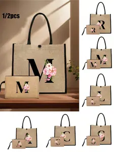 2pcs/Set, A Khaki Linen Handbag With Pink Flower Initials And A Matching Small Bag, Simple And Elegant, Personalized Bridesmaid Wedding Gift Bag, Makeup Bag, Travel Simple Storage Bag, Solid Color Cosmetics Wallet