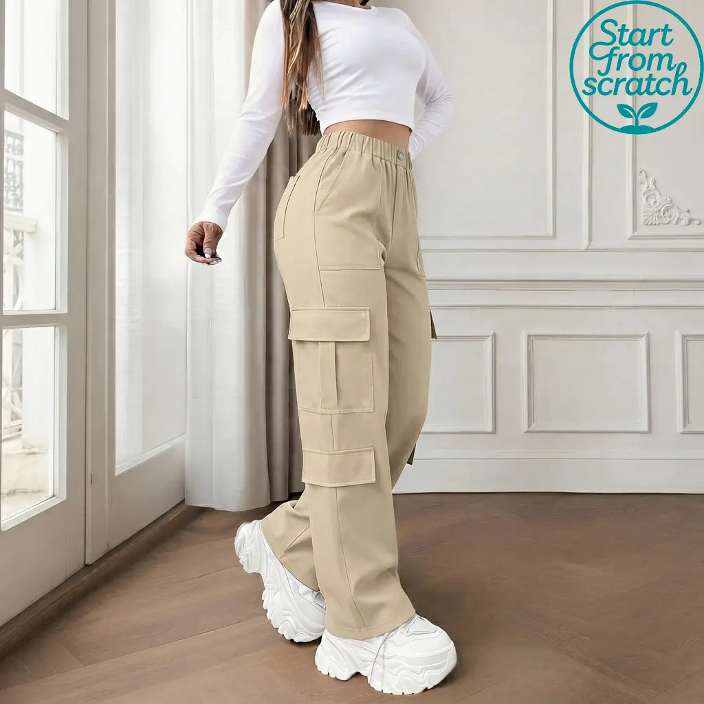 Women’s elegant street-style loose cargo pants with multiple pockets — Y2K fashion casual wear for all seasons, plus-size versatile trousers available in multiple colors, urban trendy wide-leg design, adult size