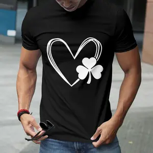 St. Patrick's Day & Valentine's Day Dual-Holiday T-shirt - Heart & Shamrock Print Design, Casual Crew Neck Short-Sleeved T-shirt, All Seasons Suitable, Comfortable & Versatile, Luck & Love Themed, Black Base Trendy Apparel, The Best Choice For Gifting
